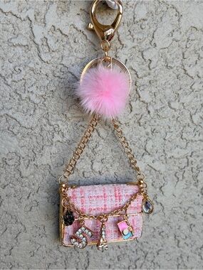 Bougie Pink Tweed Mini Purse Charm Keychain with Pom Pom